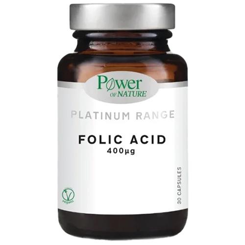 Power of Nature Platinum Range Folic Acid 400μg Συμπλήρωμα Διατροφής με Φυλλικό Οξύ που Συμβάλλει στην Ανάπτυξη του Μητρικού Ιστού Κατά την Εγκυμοσύνη 30veg.caps